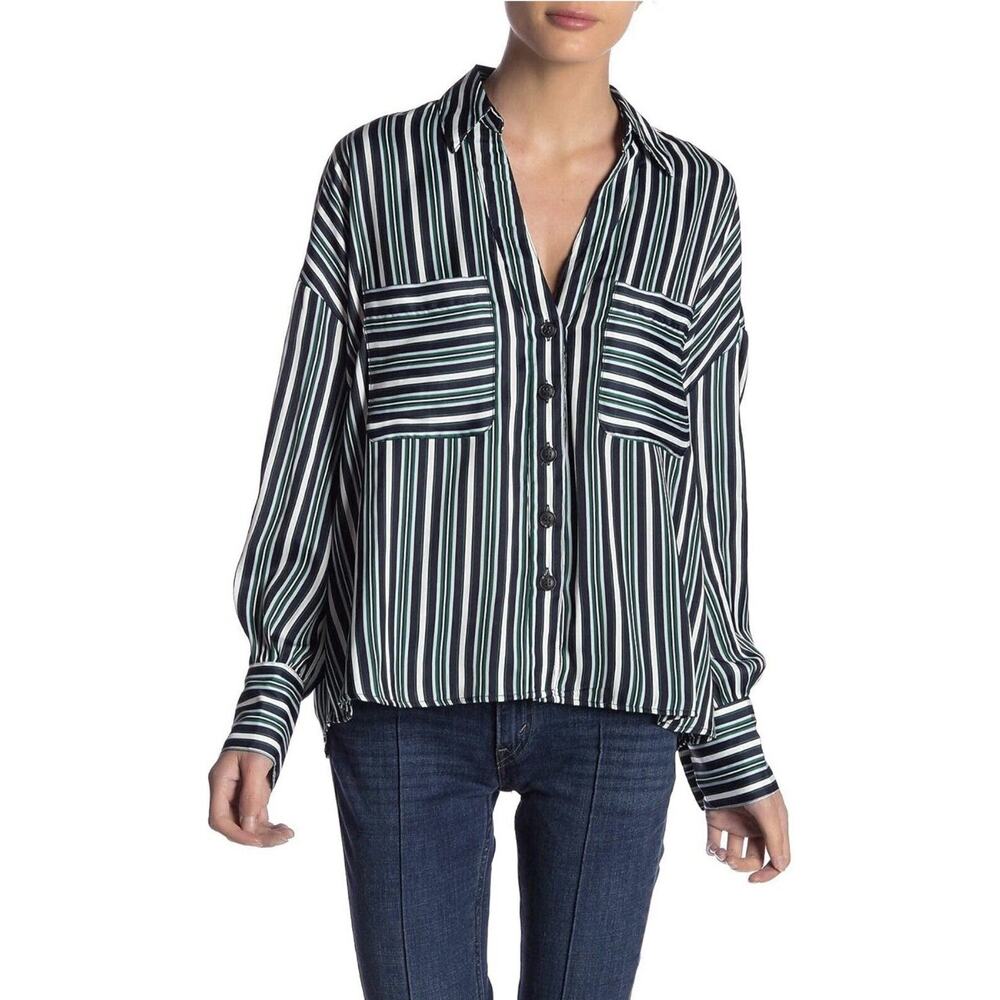 Free People Mad About You Top Button Down Blue Green Stripe Long Sleeve Sz Small